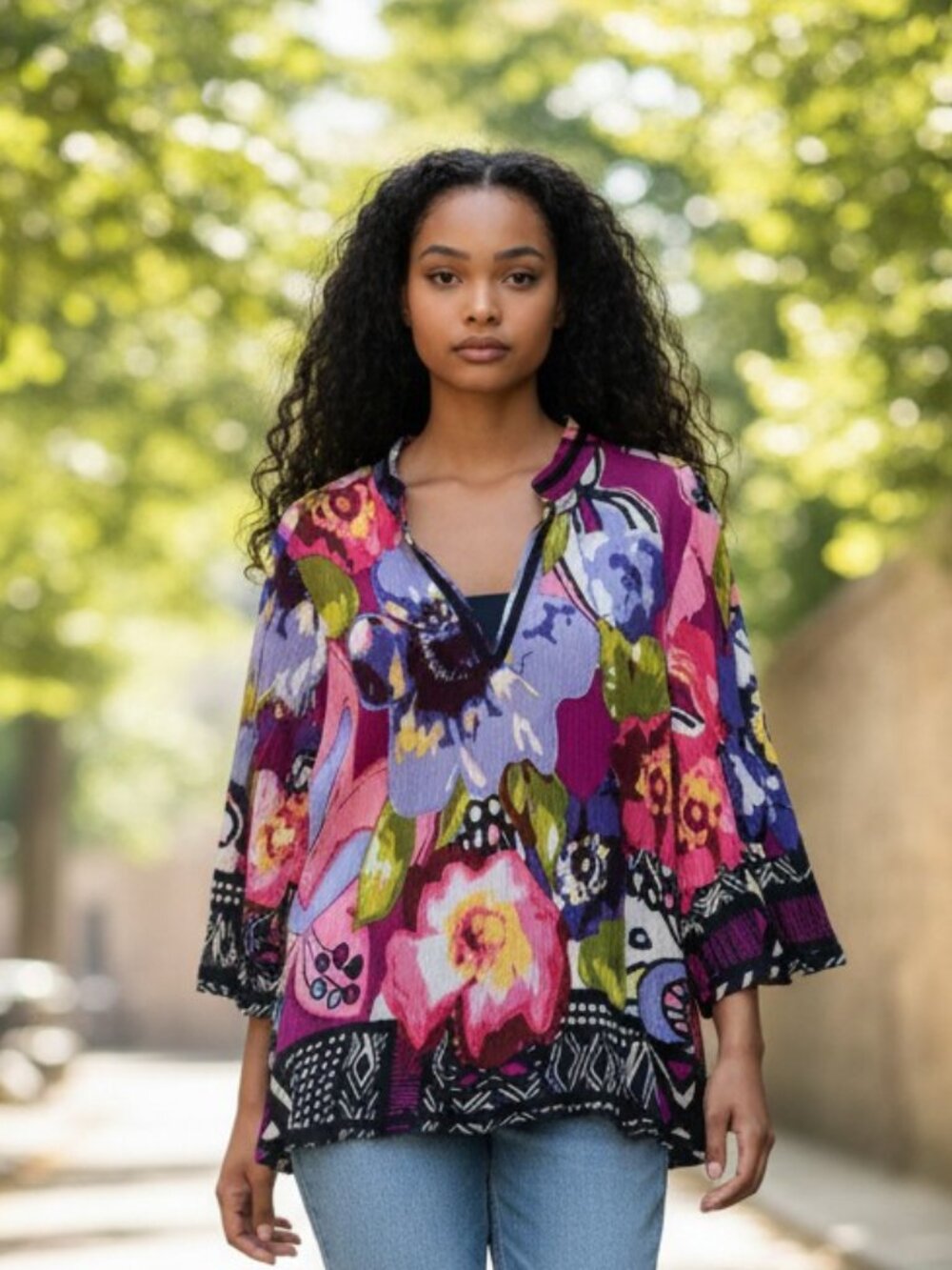 Christopher & Banks Floral V-Neck 3/4 Sleeve Top